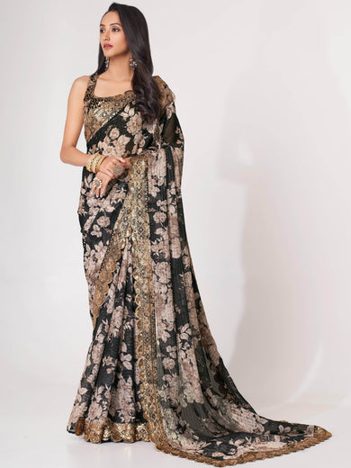 Captivating Black Floral Printed Organza Events Wear Saree